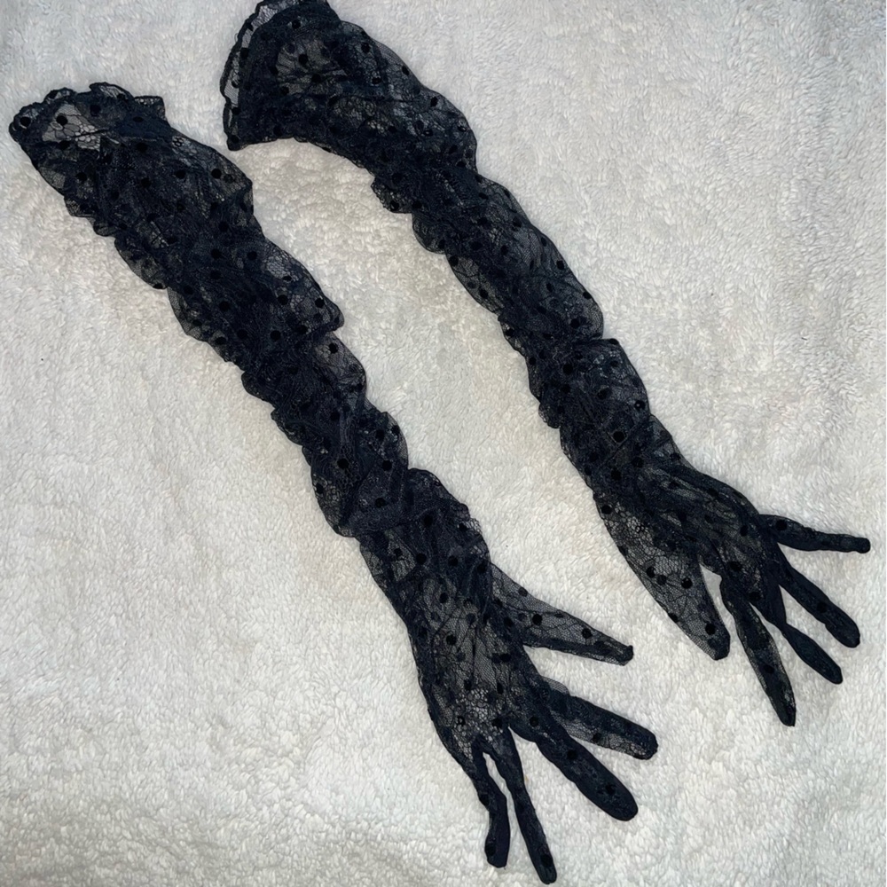 For Love And Lemons Jourdan Black Ruffle Polka Dot Mini Dress/Bodysuit w Gloves - Picture 10 of 11